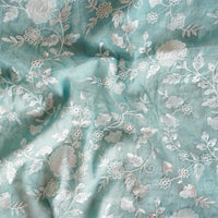Mul Chanderi Pastel Blue With Flower Jaal Embroidery Fabric Mul Chanderi Pastel Blue With Flower Jaal Embroidery Fabric