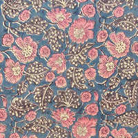 Pure Cotton Jaipuri Blue With Pink Flower Jaal Hand Block Print Fabric Pure Cotton Jaipuri Blue With Pink Flower Jaal Hand Block Print Fabric