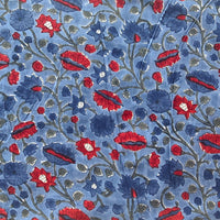 Pure Cotton Jaipuri Blue With Red Flower Jaal Hand Block Print Fabric Pure Cotton Jaipuri Blue With Red Flower Jaal Hand Block Print Fabric