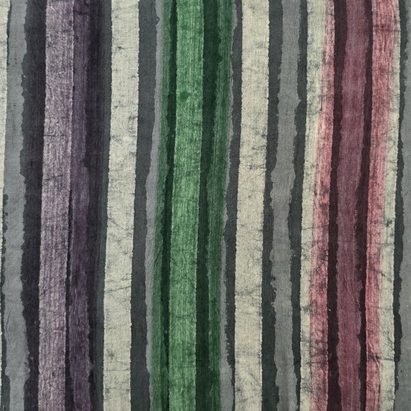 Pure Cotton Dabu Multi Blocks Stripes With Dark And Light Grey, White, Green ,Pink And Purple Hand Block Print Fabric