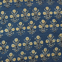 Pure Cotton Ajrak Blue With Mustard Flower Plant Motif Hand Block Print Fabric Pure Cotton Ajrak Blue With Mustard Flower Plant Motif Hand Block Print Fabric