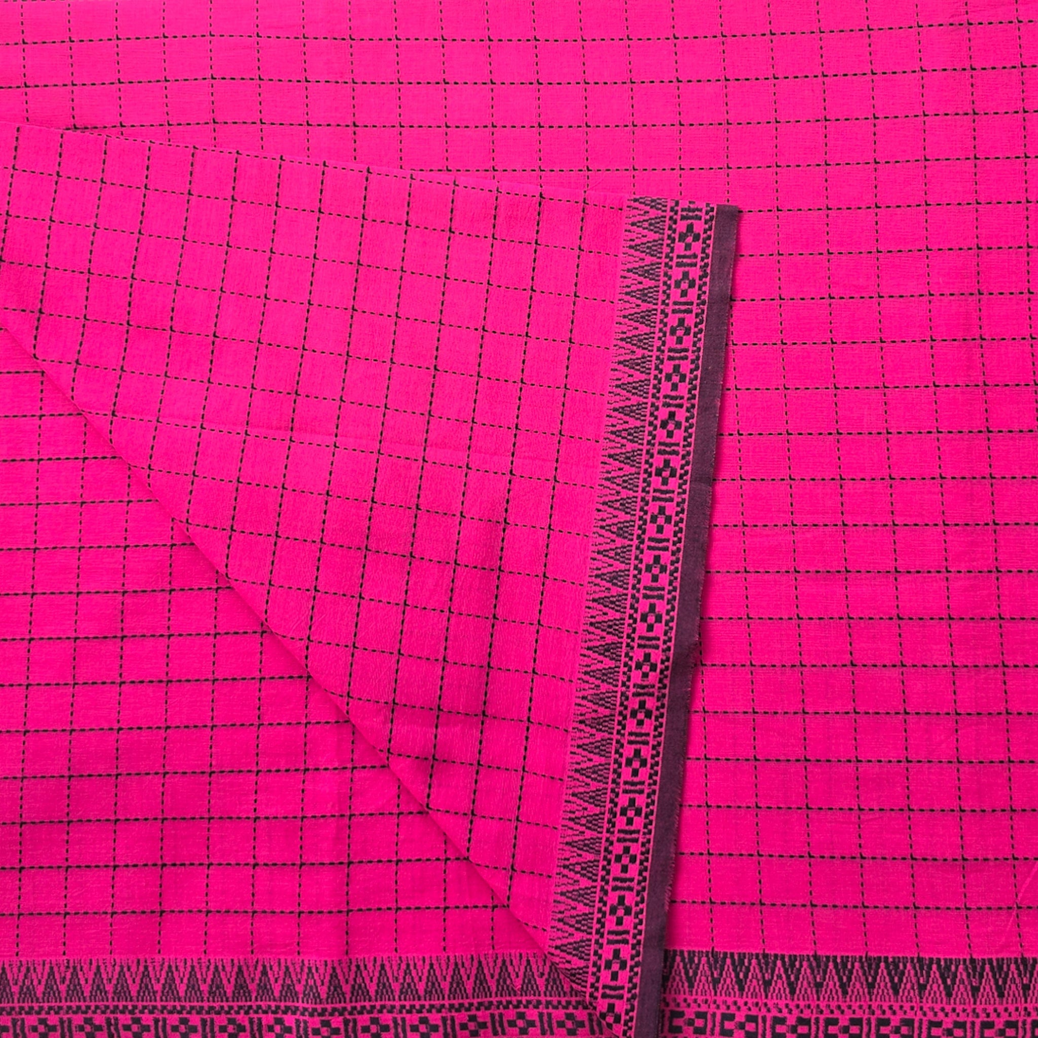 Pink Checks Dharwad Cotton Dress Material With Woven Border