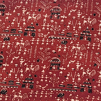 Pure Cotton Ajrak Vegetable Dyed Red With Black Warli Design Hand Block Print Fabric Pure Cotton Ajrak Vegetable Dyed Red With Black Warli Design Hand Block Print Fabric