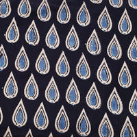 Pure Cotton Gad Ajrak Black With Blue And Off White Leaves Motif Hand Block Print Fabric Pure Cotton Gad Ajrak Black With Blue And Off White Leaves Motif Hand Block Print Fabric