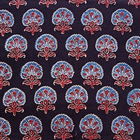 Pure Cotton Gad Ajrak Black With Blue And Maroon Flower Motif Hand Block Print Fabric Pure Cotton Gad Ajrak Black With Blue And Maroon Flower Motif Hand Block Print Fabric
