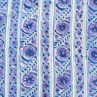 Pure Cotton Jaipuri White With Blue Border Stripes And Purple Flower Motif Hand Block Print Fabric Pure Cotton Jaipuri White With Blue Border Stripes And Purple Flower Motif Hand Block Print Fabric