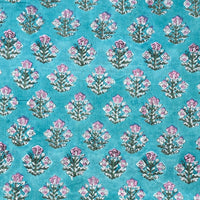 Pure Cotton Jaipuri Teal Blue With Pink Small Flower Motif Hand Block Print Fabric Pure Cotton Jaipuri Teal Blue With Pink Small Flower Motif Hand Block Print Fabric