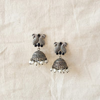 BALAMANI-Black Stone Bird Silver Jhumka German Oxidized Earrings BALAMANI-Black Stone Bird Silver Jhumka German Oxidized Earrings
