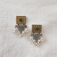 BALAMANI-Green Stone Geometry With Pearls German Oxidised Earrings BALAMANI-Green Stone Geometry With Pearls German Oxidised Earrings