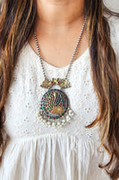 Neckpiece -Pink And Green Stone Peacock Tribal With Pearls German Oxidised Neckpiece Neckpiece -Pink And Green Stone Peacock Tribal With Pearls German Oxidised Neckpiece
