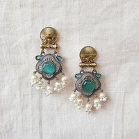BALAMANI- Sea Green Stone With Pearls German Oxidised Silver Earrings BALAMANI- Sea Green Stone With Pearls German Oxidised Silver Earrings