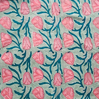 Pure Cotton Jaipuri Sea Green with Pink flower jaal Hand Block Print Fabric Pure Cotton Jaipuri Sea Green with Pink flower jaal Hand Block Print Fabric