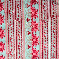 Pure Cotton Jaipuri Sea Green With Red And Peach Border Stripes Hand Block Print Fabric Pure Cotton Jaipuri Sea Green With Red And Peach Border Stripes Hand Block Print Fabric