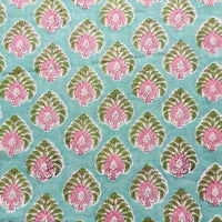 Pure Cotton Jaipuri Sea Green With Pink Flower Motif Hand Block Print Fabric Pure Cotton Jaipuri Sea Green With Pink Flower Motif Hand Block Print Fabric