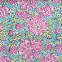 Pure Cotton Jaipuri Sea Green With Big Pink Flower Jaal Hand Block Print Fabric Pure Cotton Jaipuri Sea Green With Big Pink Flower Jaal Hand Block Print Fabric