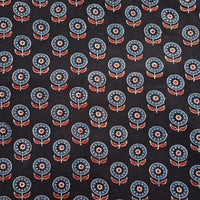 Pure Cotton Gad Ajrak Black With Rust Blue Flower Motifs Hand Block Print Fabric Pure Cotton Gad Ajrak Black With Rust Blue Flower Motifs Hand Block Print Fabric