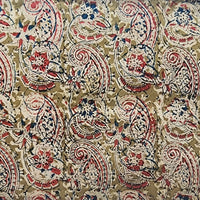 Pure Cotton Kalamkari Mehandi Green With Pink And Blue Kairi Design Motif Hand Block Print Fabric Pure Cotton Kalamkari Mehandi Green With Pink And Blue Kairi Design Motif Hand Block Print Fabric