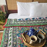 Leafy Escape -Pure Mul Cotton Hand Block Printed Reversible Razai Quilt Blanket With Cotton Filling Leafy Escape -Pure Mul Cotton Hand Block Printed Reversible Razai Quilt Blanket With Cotton Filling