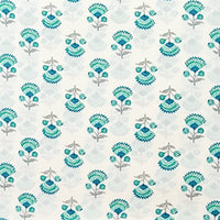 Pure Cotton White With Teal Blue Flower Motif Screen Print Fabric Pure Cotton White With Teal Blue Flower Motif Screen Print Fabric