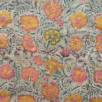 Pure Cotton Jaipuri Mint Green With Pink And Yellow Flower Jaal Hand Block Print Fabric Pure Cotton Jaipuri Mint Green With Pink And Yellow Flower Jaal Hand Block Print Fabric