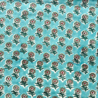Pure Cotton Jaipuri Cyan With Flower Motif Hand Block Print Fabric Pure Cotton Jaipuri Cyan With Flower Motif Hand Block Print Fabric