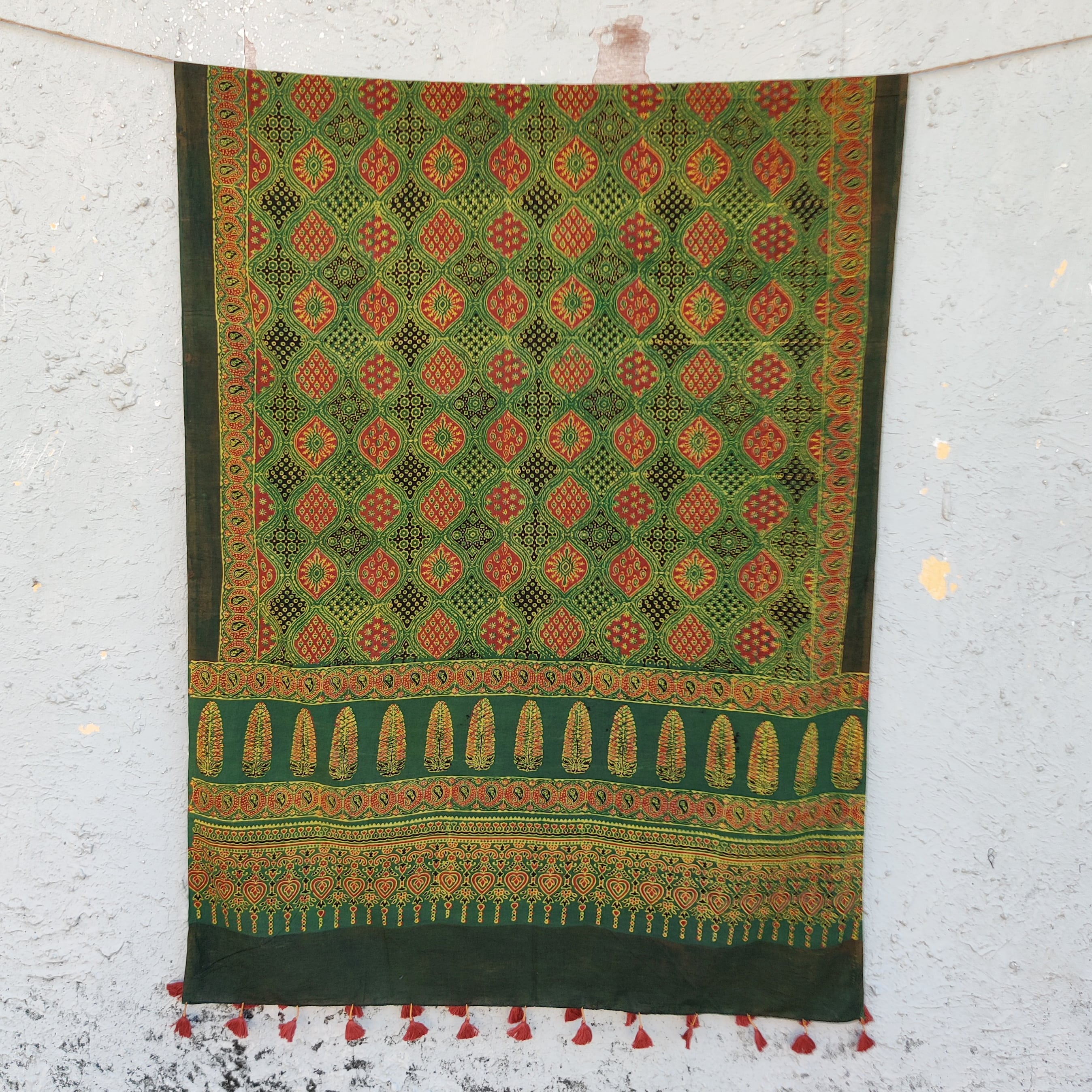 Green - Block Print Chanderi Silk Handloom Ajrakh Dupatta 05