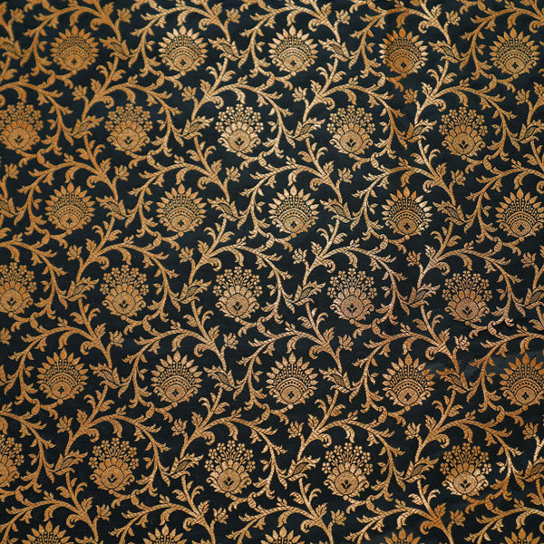 ( Pre-Cut 1.90 Meter ) Banarasi Brocade Black With Gold Zari Jaal Woven Fabric