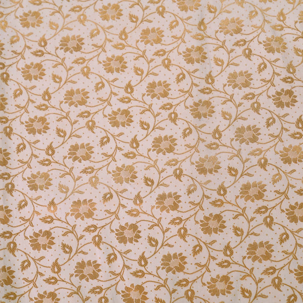 ( Pre-Cut 1 Meter ) Banarasi Brocade Cream With Beautiful Gold Floral Jaal Woven Fabric