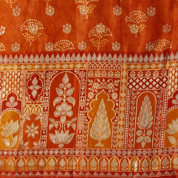Heavy Digital Print Orange Jacquard Brocade With Big Border Hand Woven Fabric