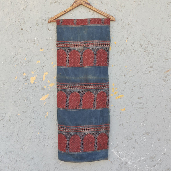 Chanderi Cotton Rust Blue With Rust Red Border Hand Block Print Fabric