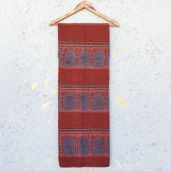 Chanderi Cotton Rust Maroon With Rust Blue Border Hand Block Print Fabric