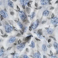 Pure Chiffon White With Blue Roses Fabric Pure Chiffon White With Blue Roses Fabric