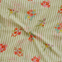 Malai Flowy Floral Light Green Stripes With Flower Motif Digital Print Fabric Malai Flowy Floral Light Green Stripes With Flower Motif Digital Print Fabric