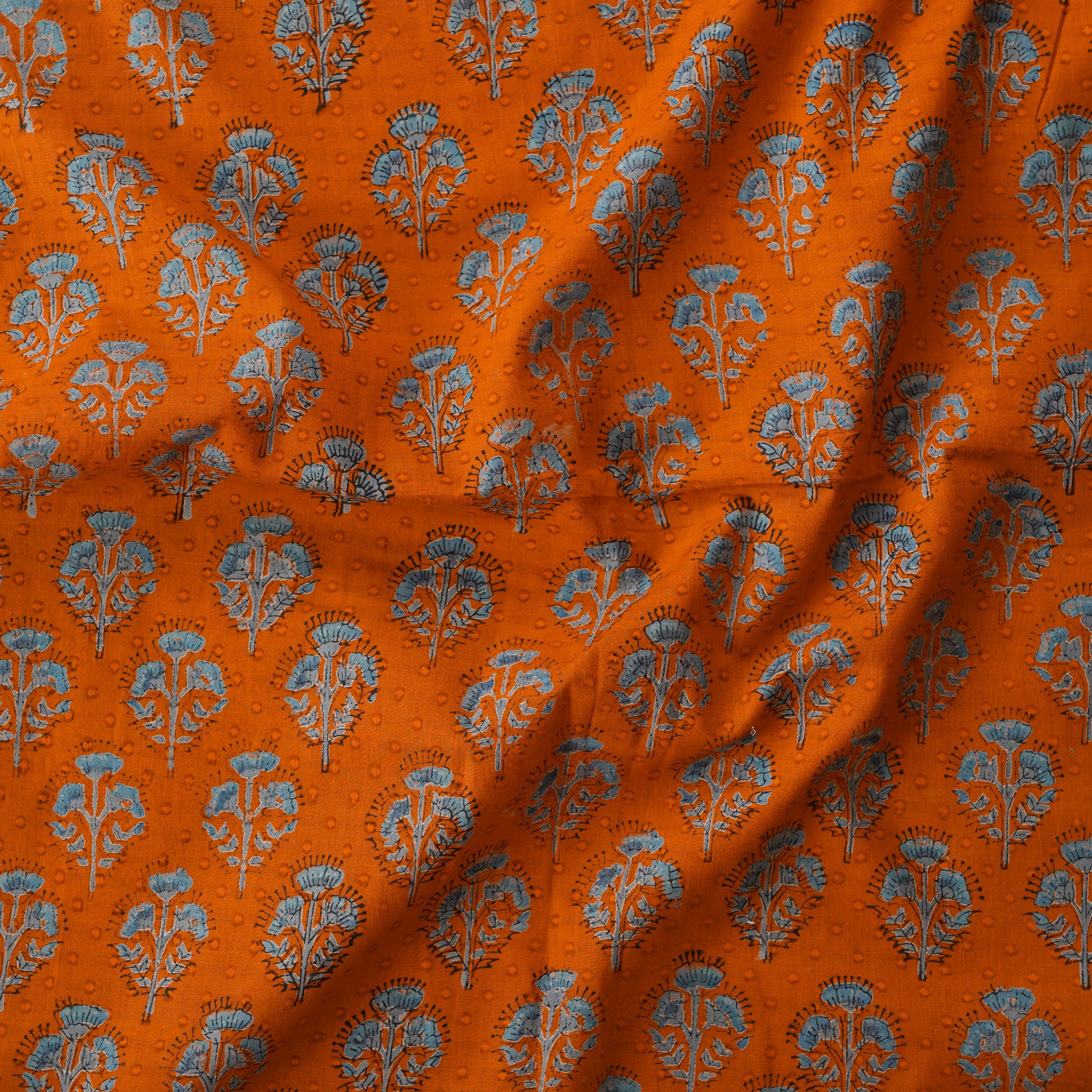 (PRE-CUT 2.20 METER) Pure Cotton Doby Discharge Orange With Blue Flowe ...