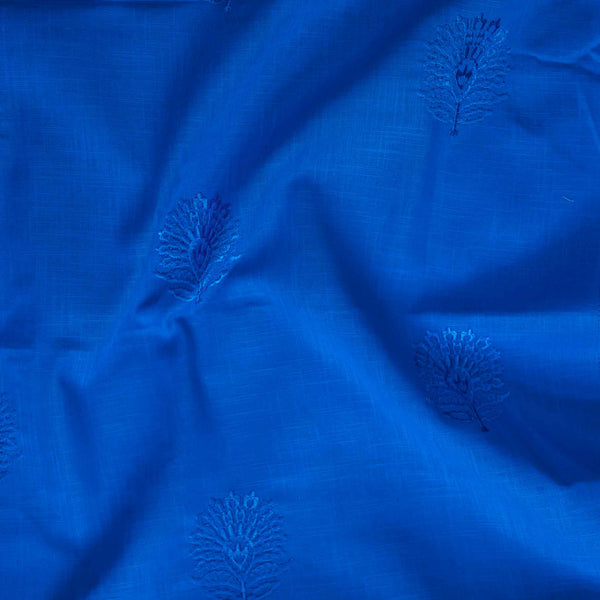 ( Width 42 Inches ) Pure Cotton Blue With Self Colour Flower Motif Hand Embroidery Fabric