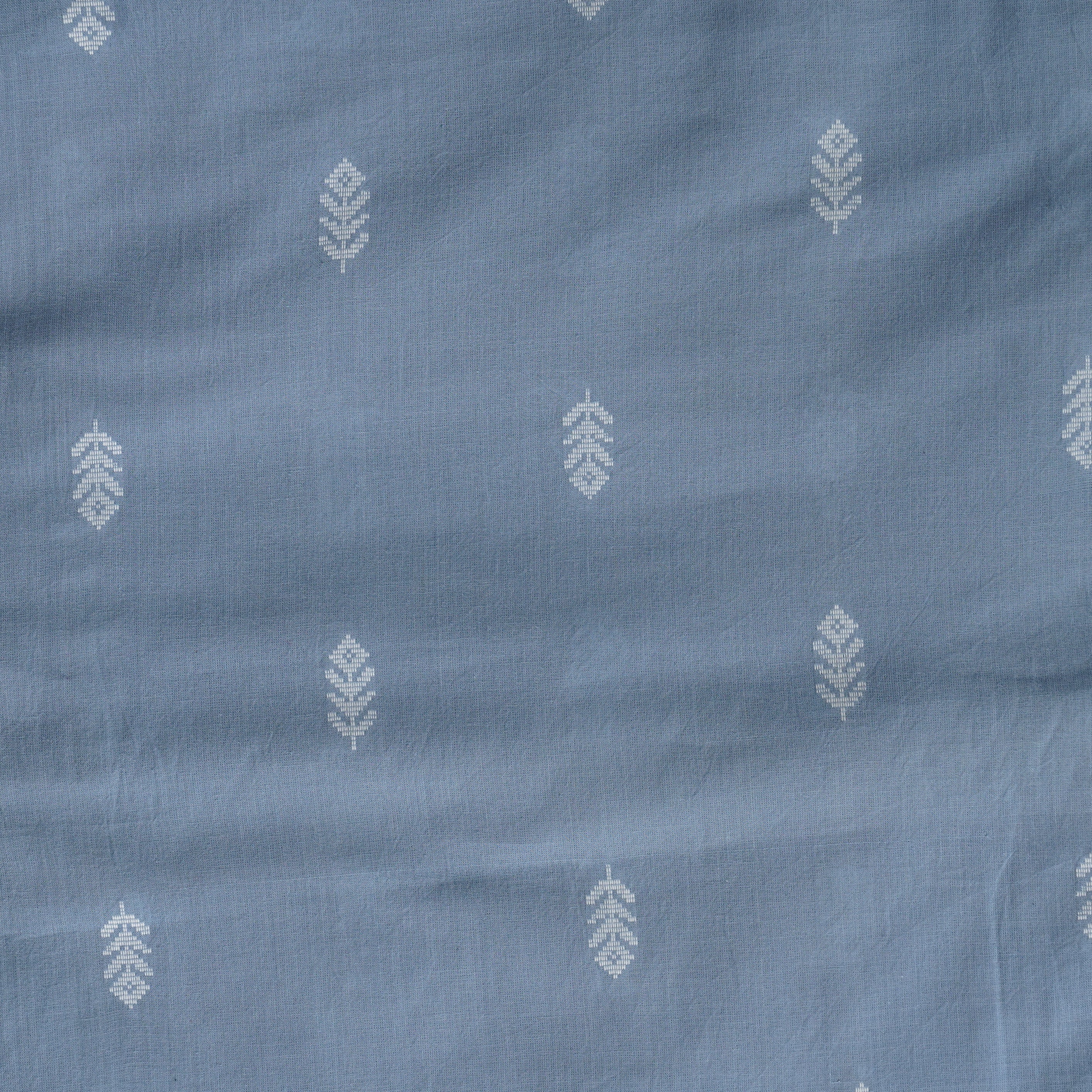 (PRE-CUT 1.35 METER)Pure Cotton Handloom Powder Blue With Plant Motif ...