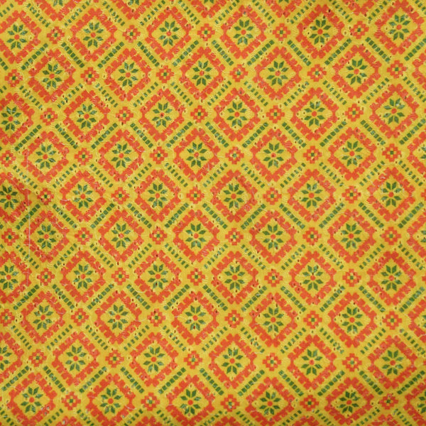 ( Width 44 Inches ) Pure Cotton Hakoba Yellow With Orange And Green Jaal Hand Block Print Fabric