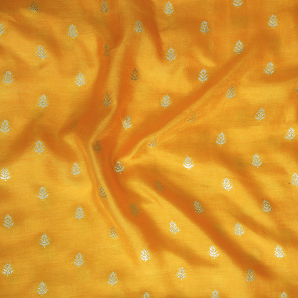 Dola Silk Royal Mustard White With Golden Zari Flower Motif Hand Woven Fabric