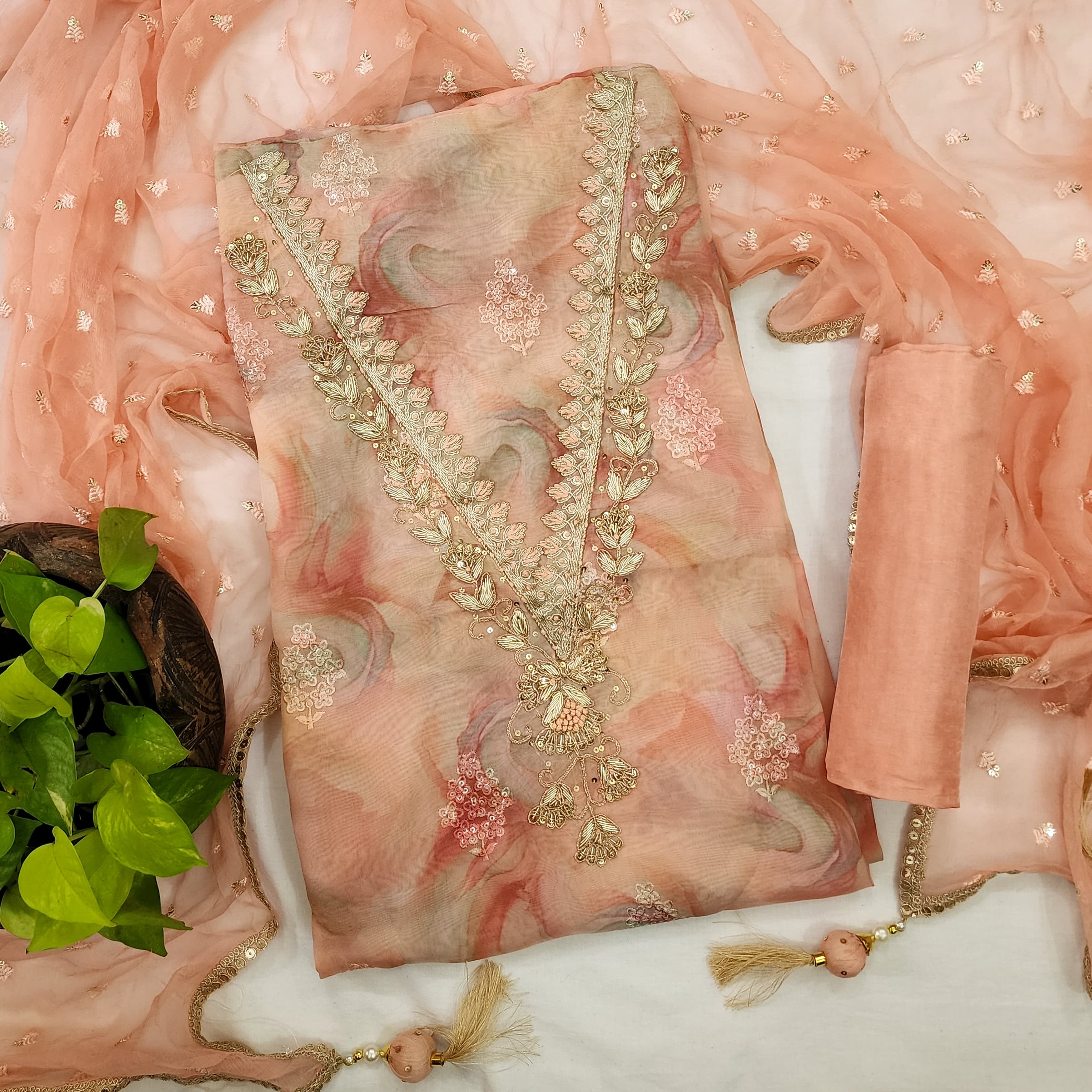 FIZA- Peach Organza With Golden Aari Work Neck Design Top And