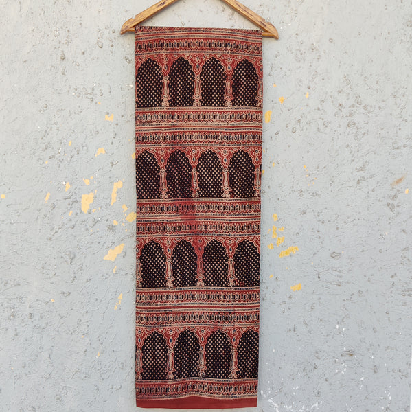 Pure Cotton Ajrak Contemporary Minare Rust Red With Black Hand Block Print Fabric