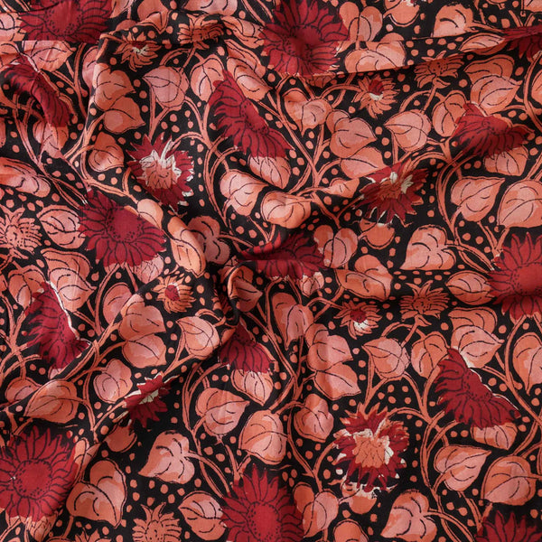 Pre-cut 1.15 meter Modal Cotton Dabu Black With Maroon And Peachy Brown Jaal Hand Block Print Fabric