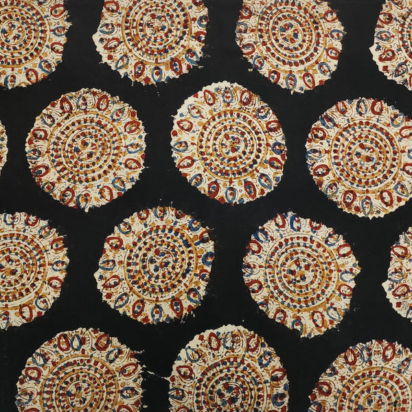 Modal Cotton Kalamkari Black With Mustard Chakra  Hand Block Print Fabric