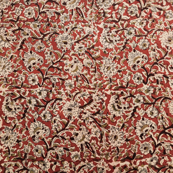 Modal Cotton Kalamkari Rust Red Jungle Flower Jaal Hand Block Print Fabric