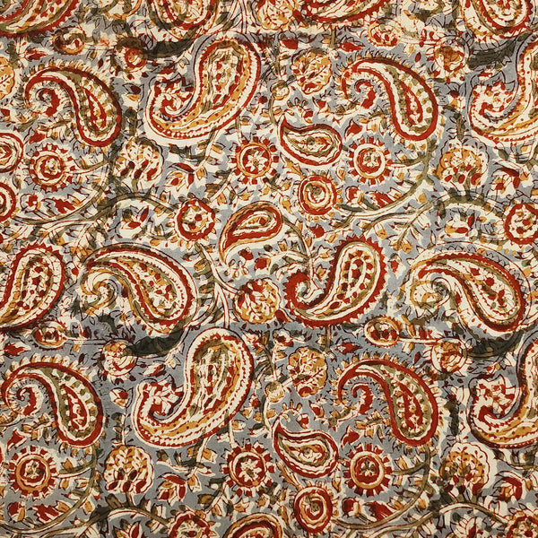Modal Cotton Kalmkari Grey With Rust Red And Mustard Kairi Hand Block Print Fabric