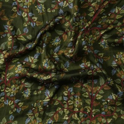 Modal Satin Digital Print Mahindi Green With Flower Jaal Hand Woven Fabric