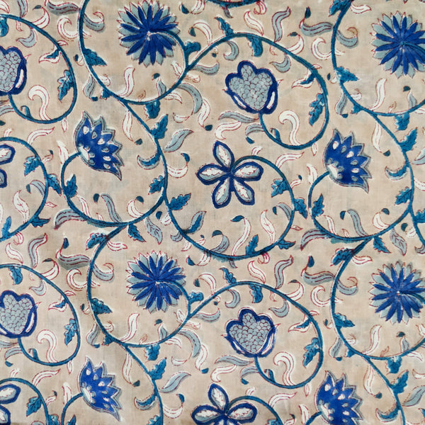 ( Pre-Cut 1 Meter ) Mul Pure Cotton Jaipuri Light Brown With Blue Jaal Hand Block Print Fabric