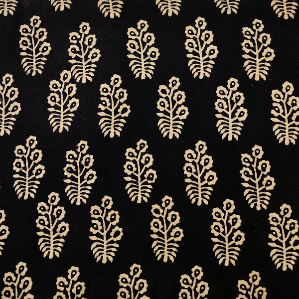 Pure Cotton Ajrak Black With Cream And Intricate Flower Design  Hand Block Print Fabric