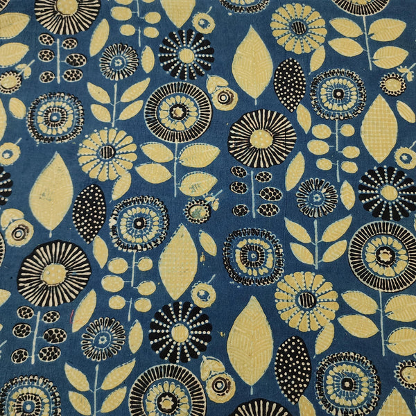 Pure Cotton Ajrak Blue With Light Green Flower Design Hand Block Print Fabric