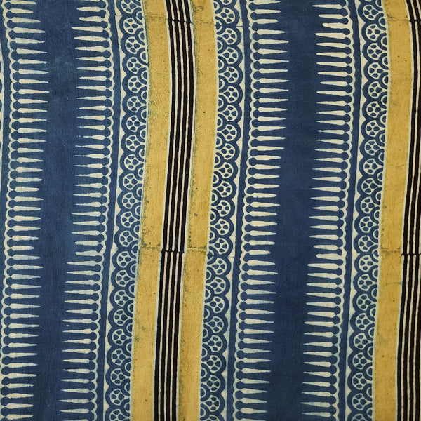 Pure Cotton Ajrak Blue With Light Sandy Border Hand Block Print Fabric