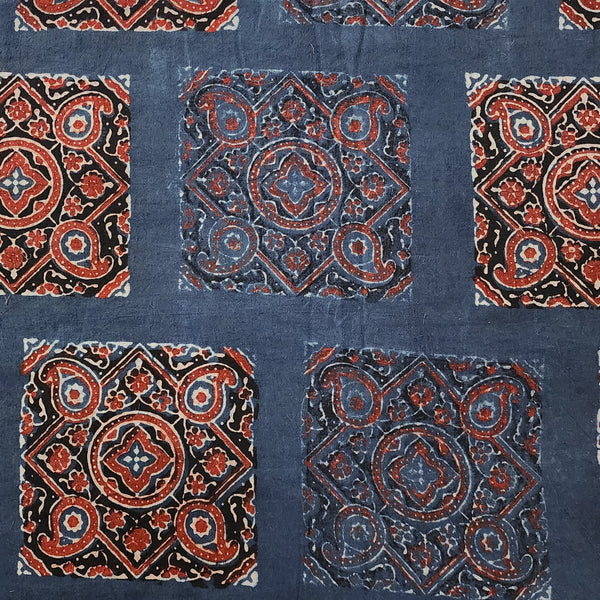 Pure Cotton Ajrak Blue With Rust Red Square Intricate Design Hand Block Print Fabric